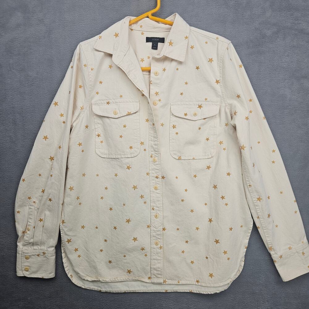 J.Crew Star Print Button Up Shirt Cream Gold Cotton Celestial Women’s Small